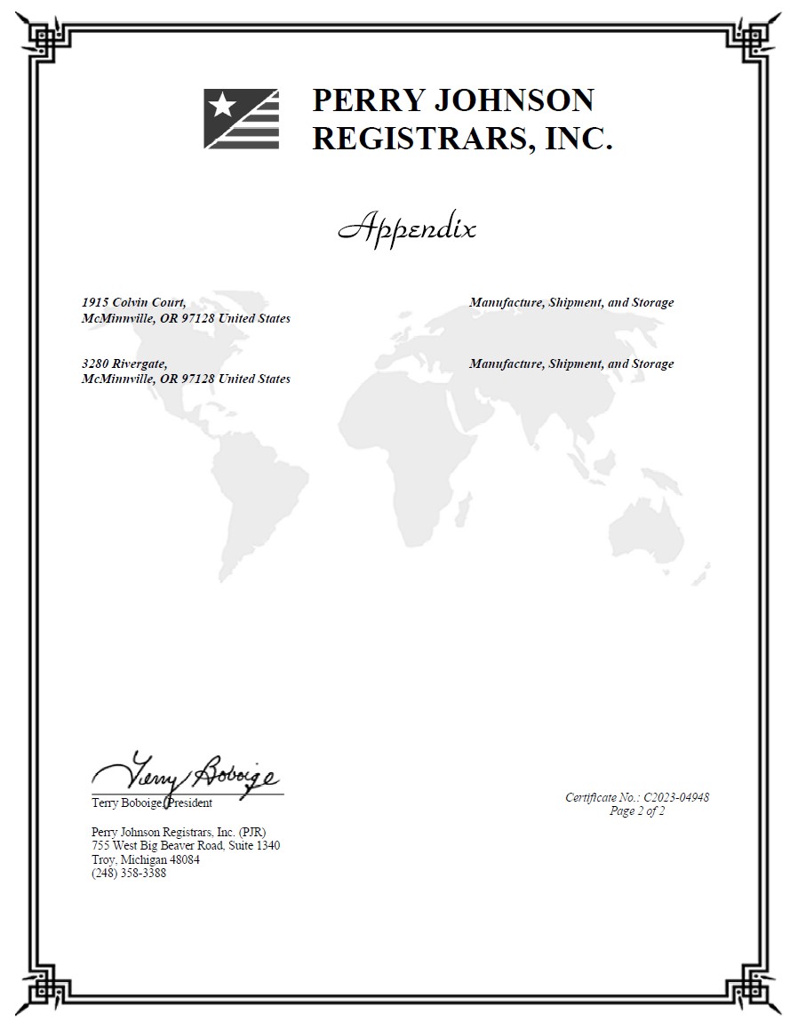 Amerson Precision Sheet Metal, Inc. - Certificate of Registration from Perry Johnson Registrars, Inc.