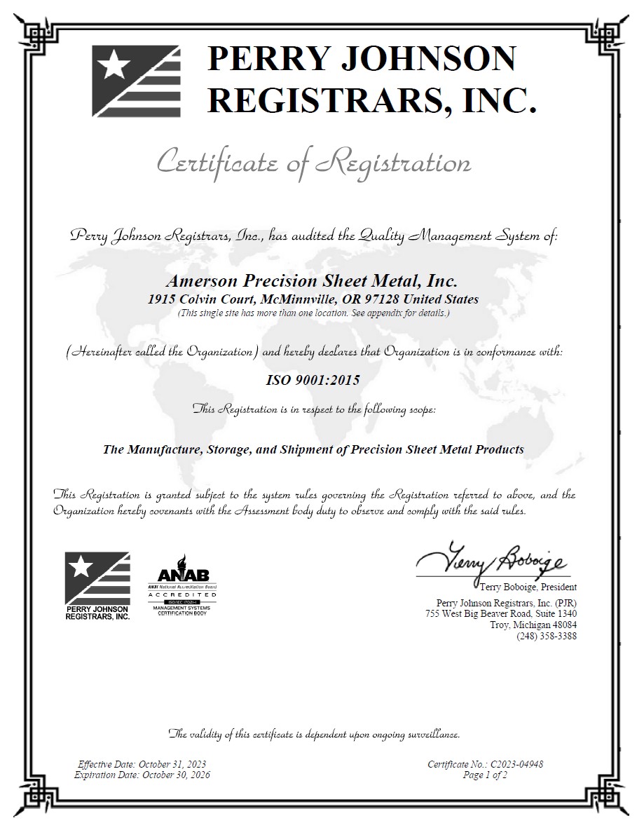 Amerson Precision Sheet Metal, Inc. - Certificate of Registration from Perry Johnson Registrars, Inc.